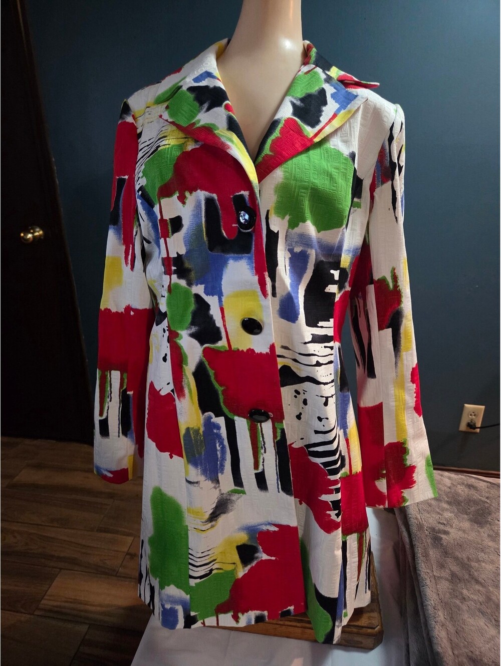 Bigio Colorful Abstract Art Print Long Sleeve Button-Up Coat 97% Cotton size 12